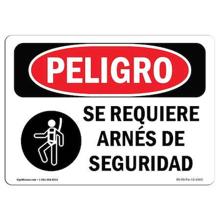 OSHA Danger Sign, Safety Harness Required Spanish, 18in X 12in Rigid Plastic